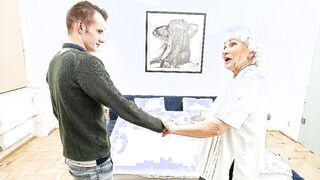 Granny gets her unshaved cunt thumped by young toyboy