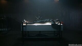 Bound black in latex muff vibed