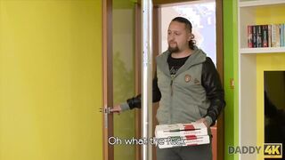 Comely chick enjoys unexpected sex with her man's bald step daddy