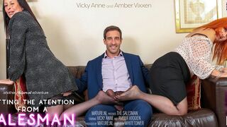 Two lustful mature housewives getting it on with a salesman