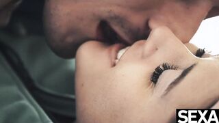 Adorable lovers warm up on a snowy day with passionate fucking