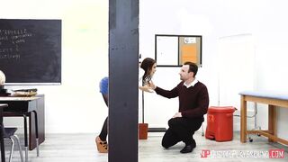 Sexy ginger college girl fucks her prof in a classroom