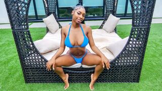 Pool fun with big black boobies outdoors