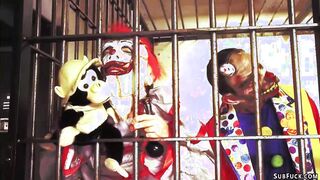 Group of clowns Double penetration fuck petite beauty