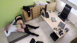 Big Breasted short haired hot girl bounces on loan agent meat wildly