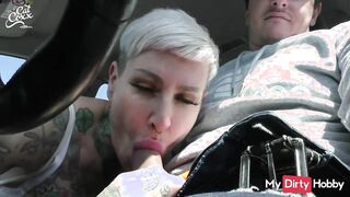 Inked Bitch Swallows Cum After A BJ In The Car - Free Porn Video