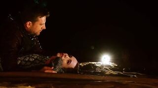 Night time ass pumping training by the crackling fire pit for petite sexy girl Brooke Johnso