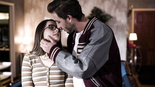 Nerdy petite teen interviews popular classmate & rides huge dick