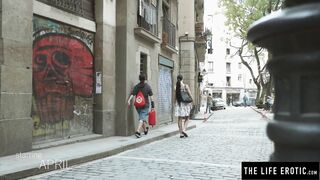 Brunette cutie April spanks herself with paddle & rubs that muff