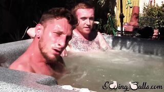 Tatted redhead homo leaves jacuzzi to jack off prick with lover