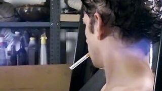Attractive Ian Madrox is blowing smoke & starts stretching his prick in his smo